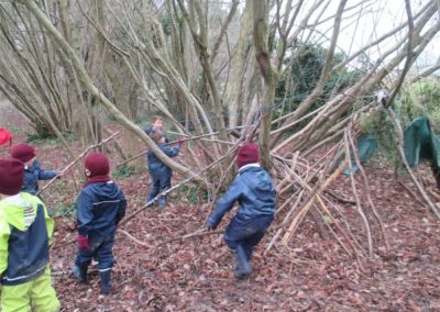 Reception children build a den at forest school